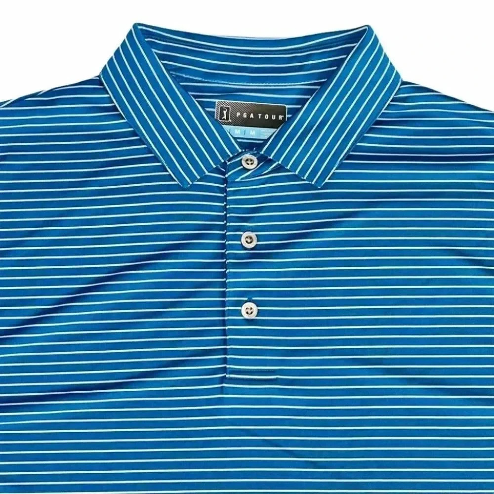 PGA Tour Striped Blue Short Sleeve Men’s Golf Polo - Picture 2 of 10